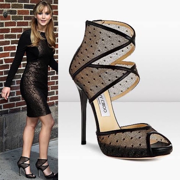 Jimmy Choo Katima Black Mesh Polka Dot Peep Toe Caged Heel Sandals 40 - Picture 1 of 9